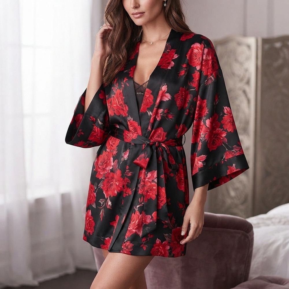 Victoria's Secret Black Red Floral Rose Satin Kimono Robe Short Tie Waist XS/S